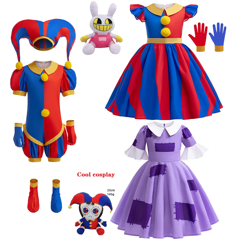 

Halloween Amazing Girl Digital Circus Pomni Cosplay Costume Disguise Joker Headwear Dolls Carnival Fancy Red Blue Clown Dress Up