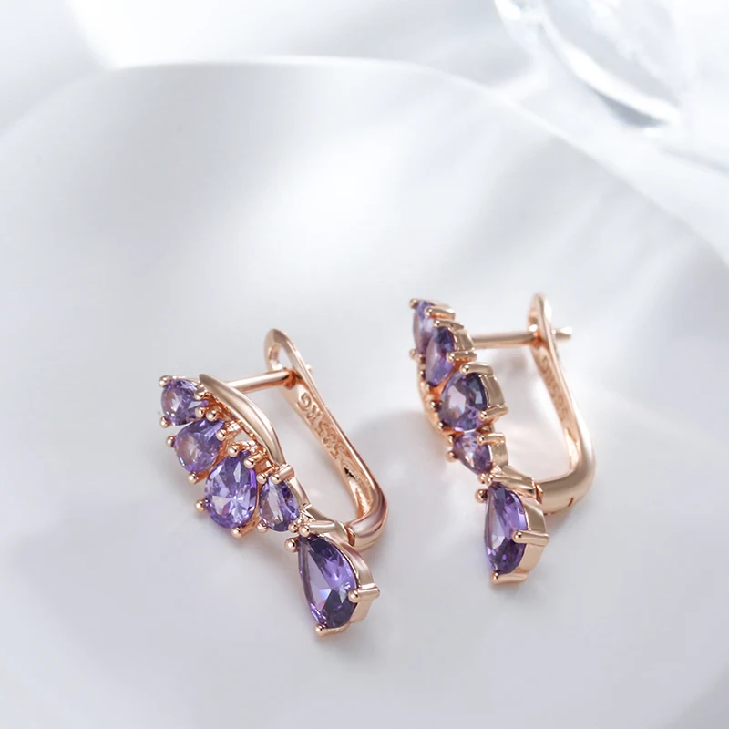 Wbmqda Luxury Fashion Purple Crystal Flower Drop Earrings For Women 585 Rose Gold Color Wedding Party Fine Zircon Jewelry Gifts