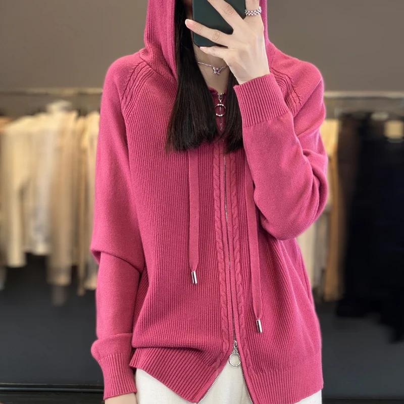 

Autumn And Winter New Style Casual Fashion Double Zipper Hooded Knitted Sweater Cardigan Long-sleeved Solid Color Blouse Women