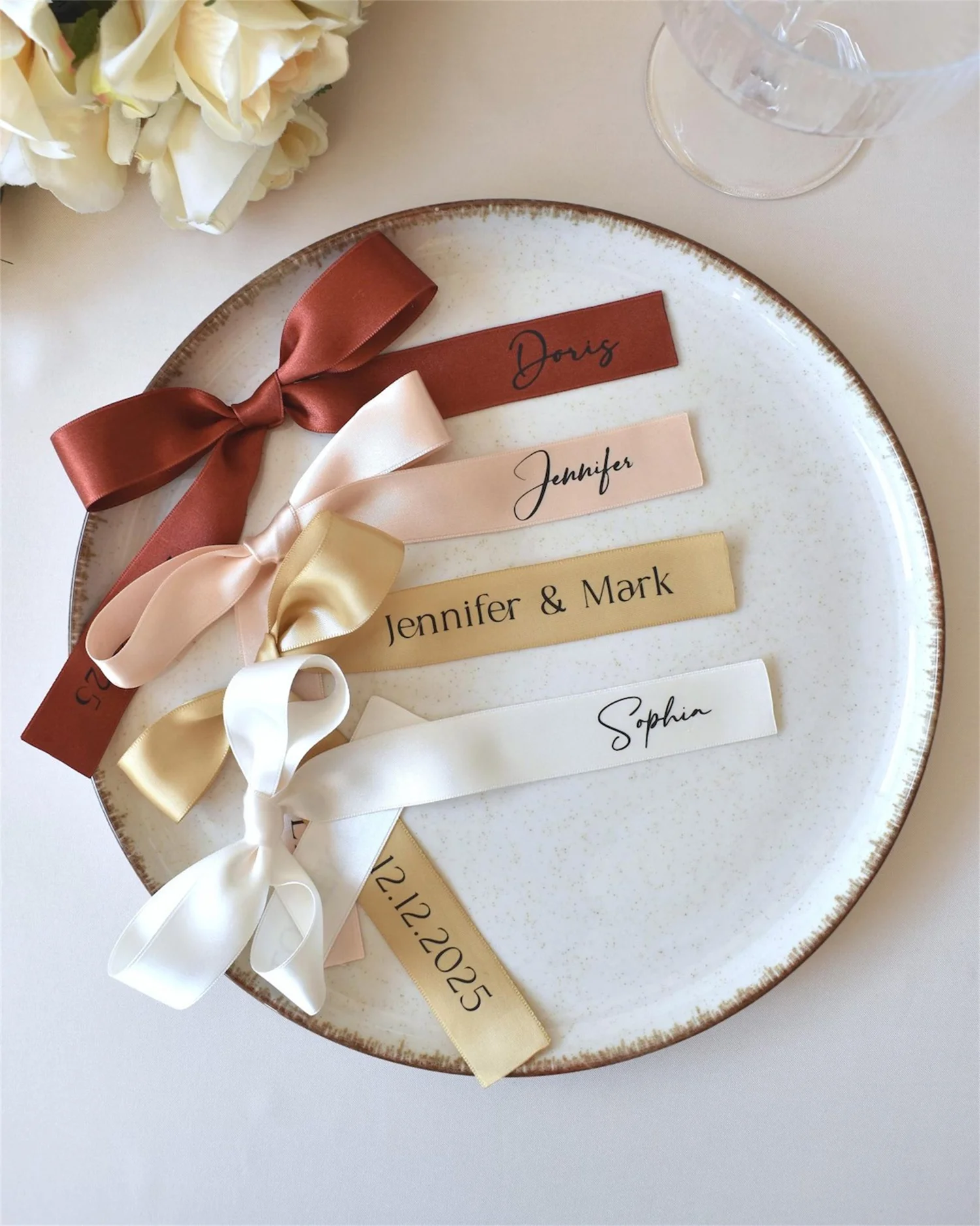 70cm Personalized Name Bow, Wedding Place Cards, Elegant Wed Ribbon Nametag, Name Place Setting, Custom Ribbon, Wedding Meal Cho view 2