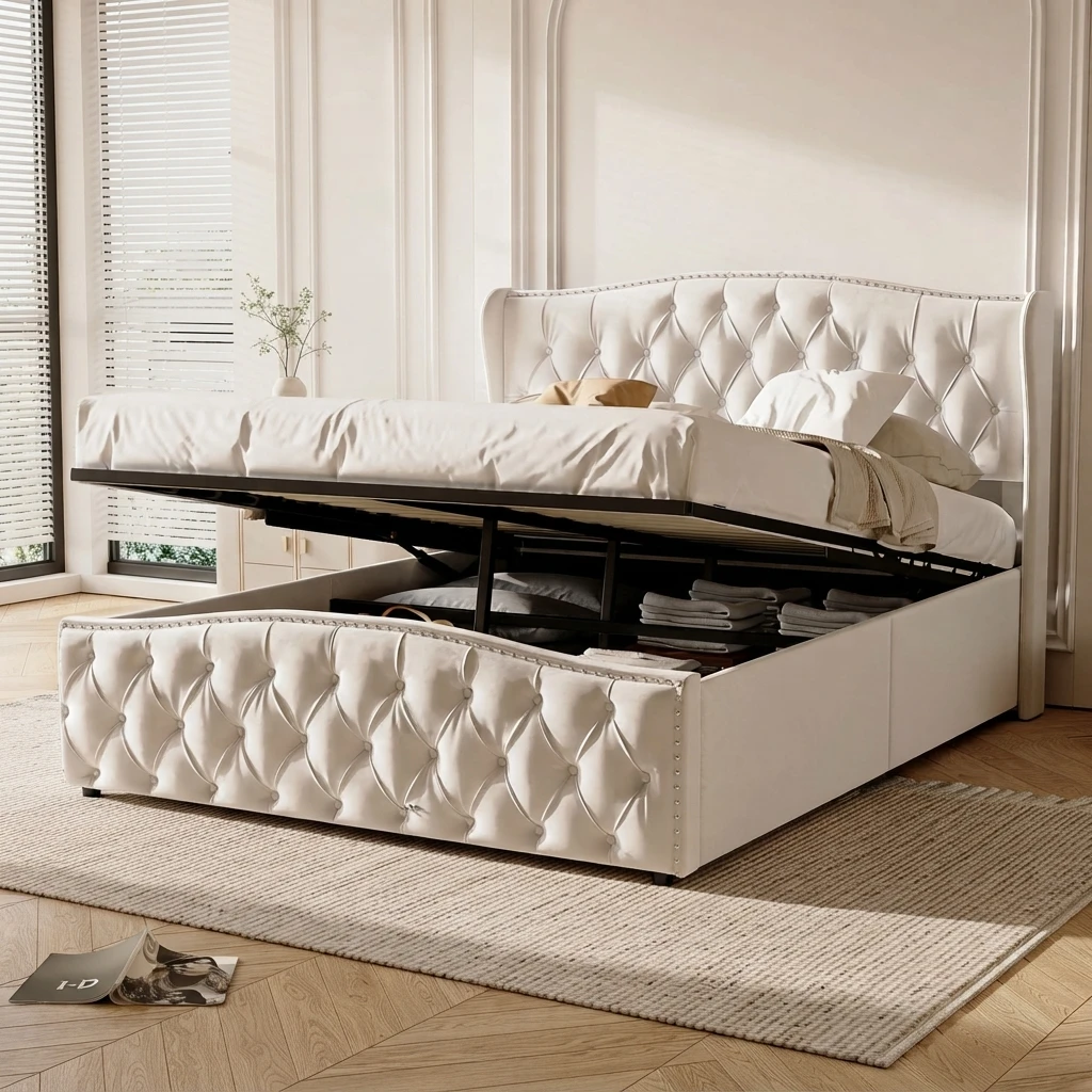 Superaly 140×200 cm Stauraumbett, Hydraulikbett, Polsterbett, Doppelbett, mit Rückenlehne, Kopfteil und Lattenrost, Samt, Off-White