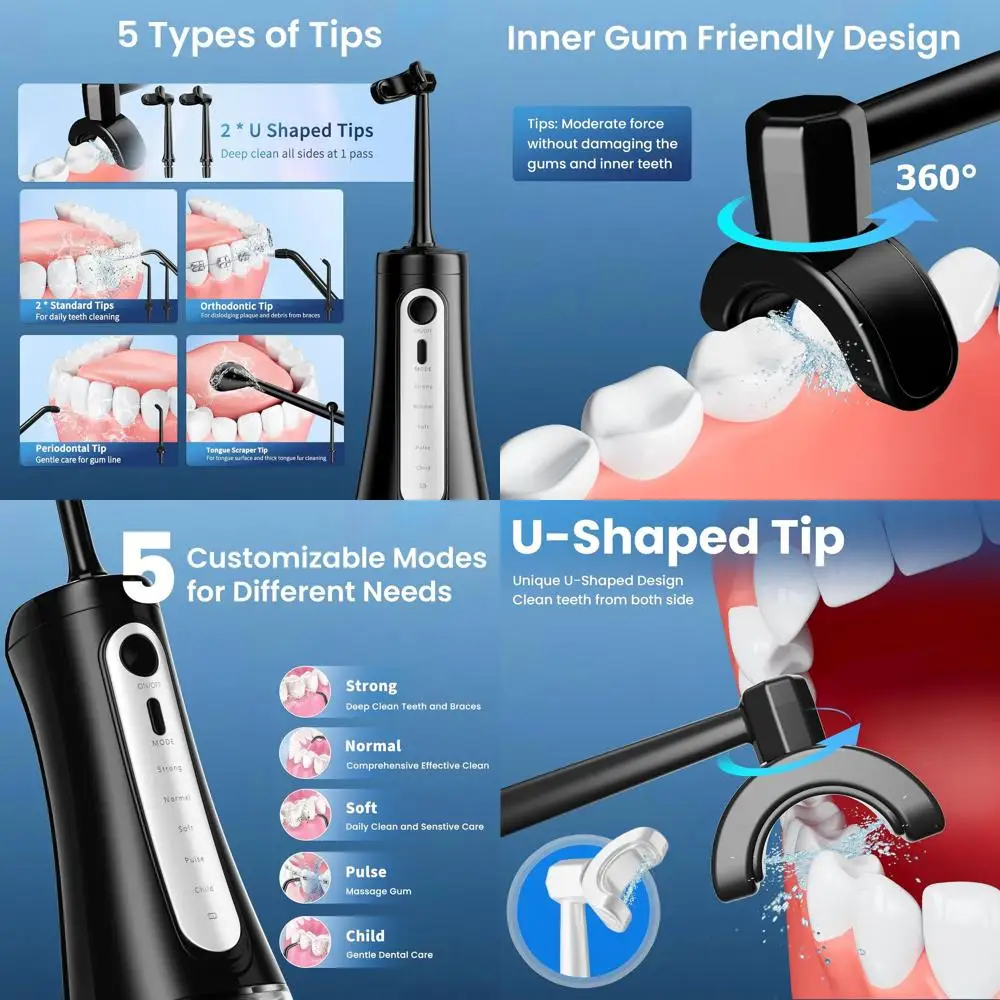 

Portable Rechargeable U-Shaped Water Flosser with 5 Modes, 7 Jet Tips, 350ML Tank for Deep Cleaning Teeth and Braces