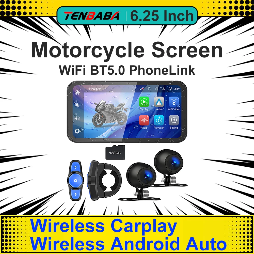 

6.25 inch Portable Wireless CarPlay Moto Android Auto GPS Digital Motorcycle Dashboard Navigation Display Screen Monitor DVR