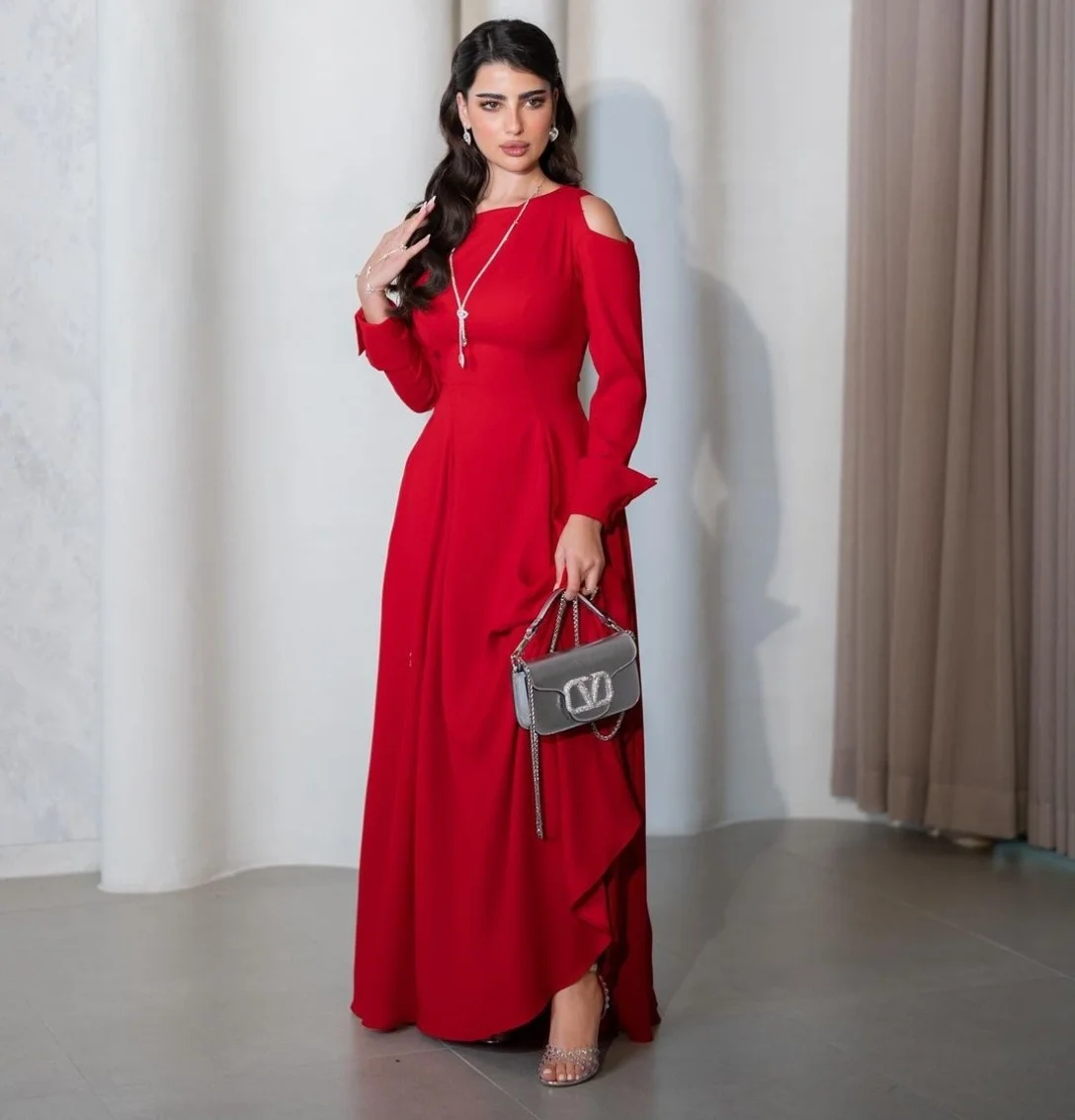 Robe de Soirée Longue en Crêpe Personnalisée avec Manches pour Femme, Sirène, Rouge, Plissée, Longueur au Sol, Bal