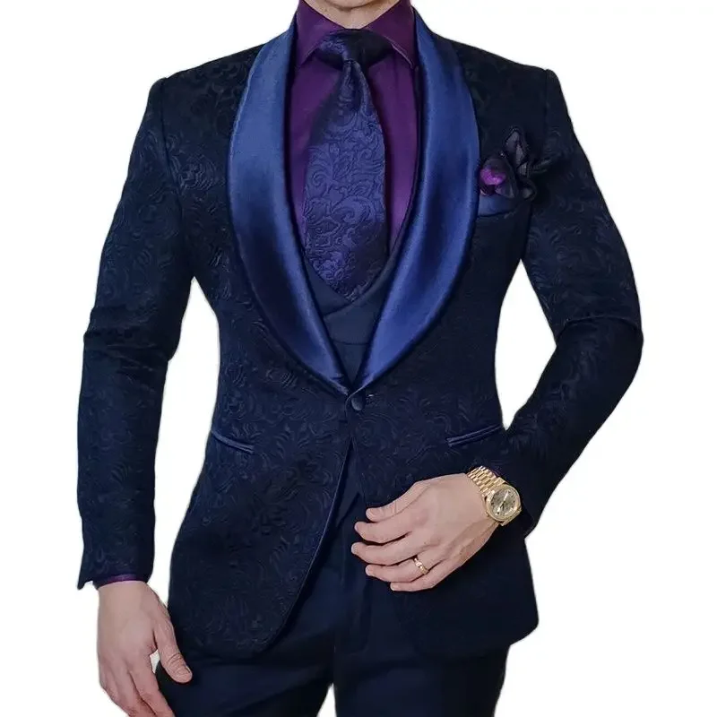 

Floral Jacquard Men Suits Slim Fit 3 Piece Navy Blue Groom Tuxedo For Wedding Party Male Fashion Jacket Waistcoat Pants 2024