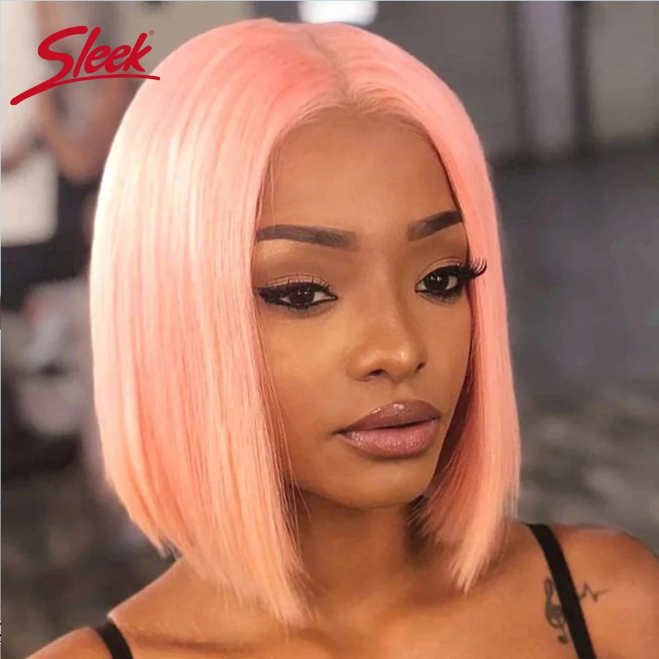 Perruque Bob Lace Front Wig naturelle brésilienne lisse, cheveux humains, pre-plucked, rose, blond, transparent HD