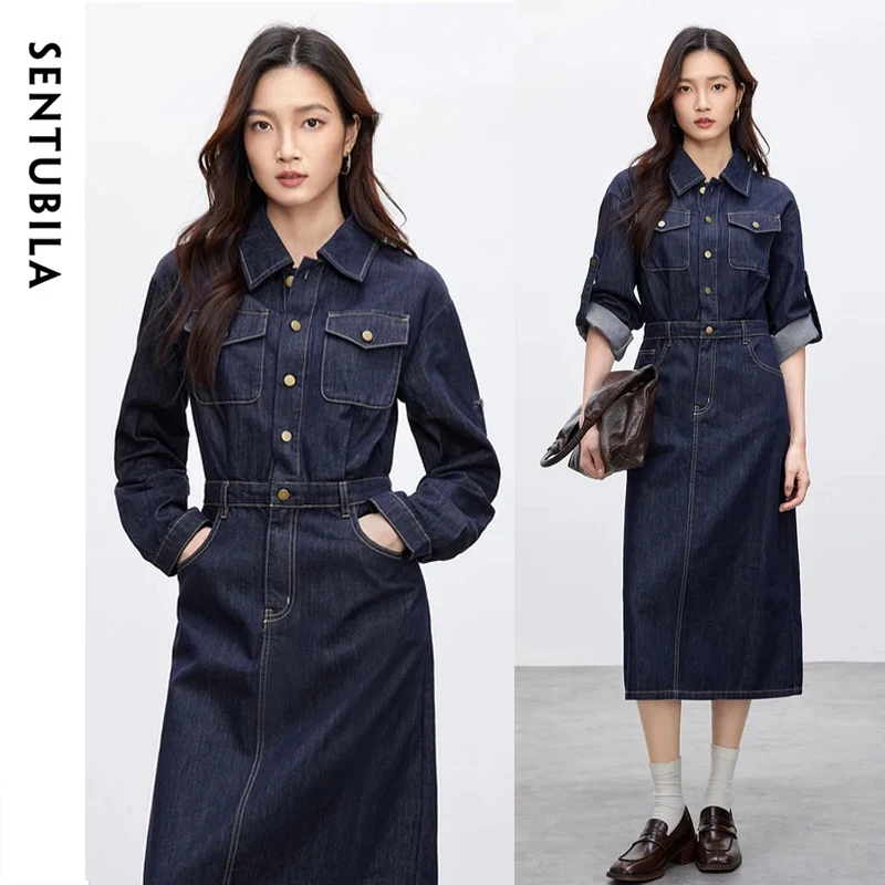 

SENTUBILA Spring Cotton Denim Dresses for Women 2025 Vintage Turn Down Collar Button Pockets Long Sleeve Midi Dresses W51L58809