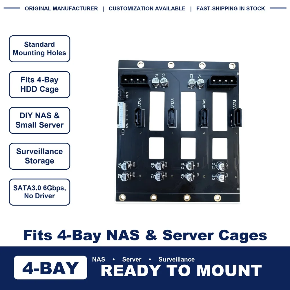 4 Bay SATA Hard Drive Backplane Dual Molex 4D Power With Electrolytic Capacitor 12V Fan Port SATA3.0 6Gbps NAS Server