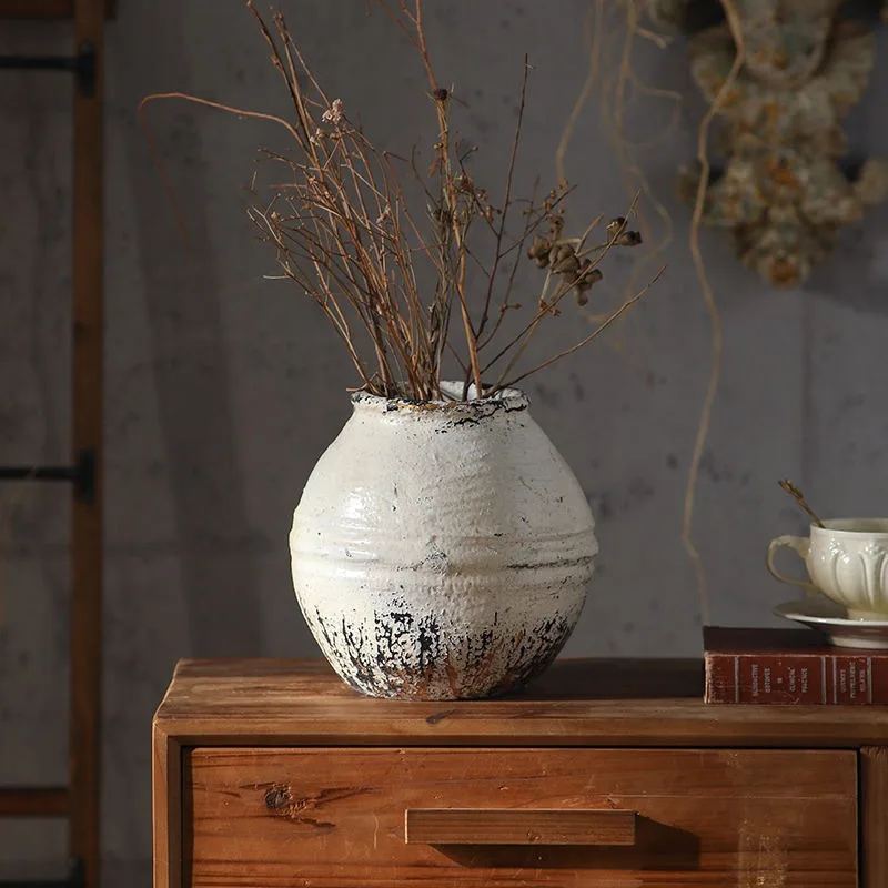Rustic MgO Globular Vase, Vintage Distressed White Black Splatter, 20cm Tall Farmhouse Home Decor, Small