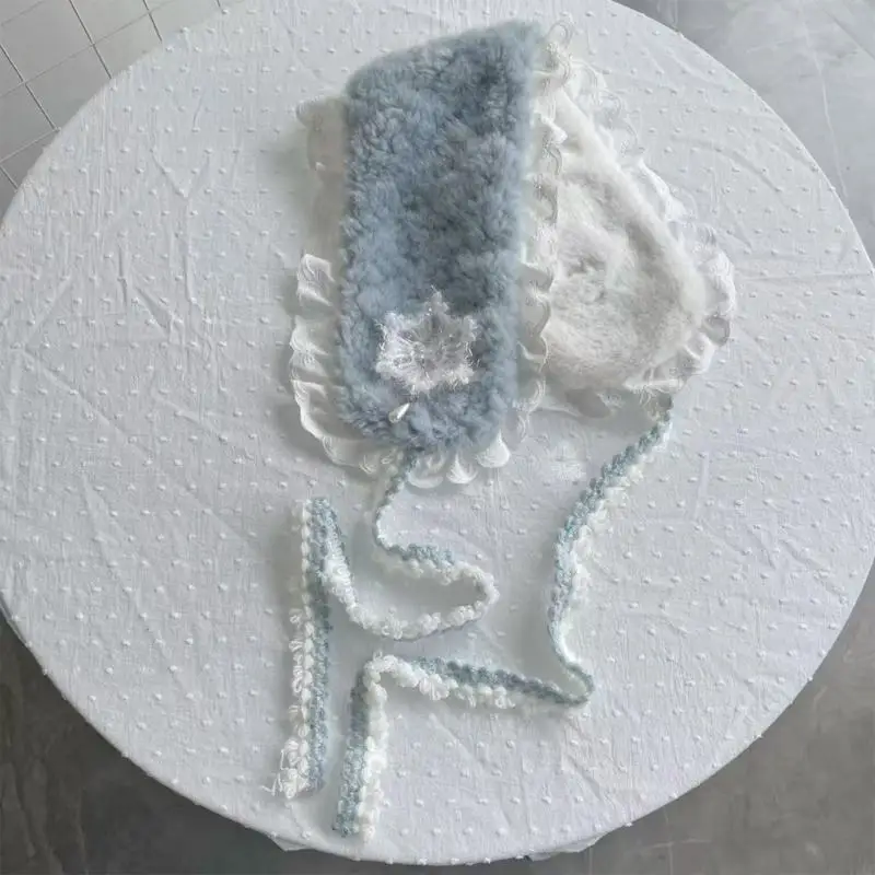 Y3NE وشاح من الصوف الصناعي مزين بالدانتيل وشاح للرأس للنساء قابل للتعديل لتدفئة الرقبة في الشتاء وخفيف الوزن للخريف والشتاء #4