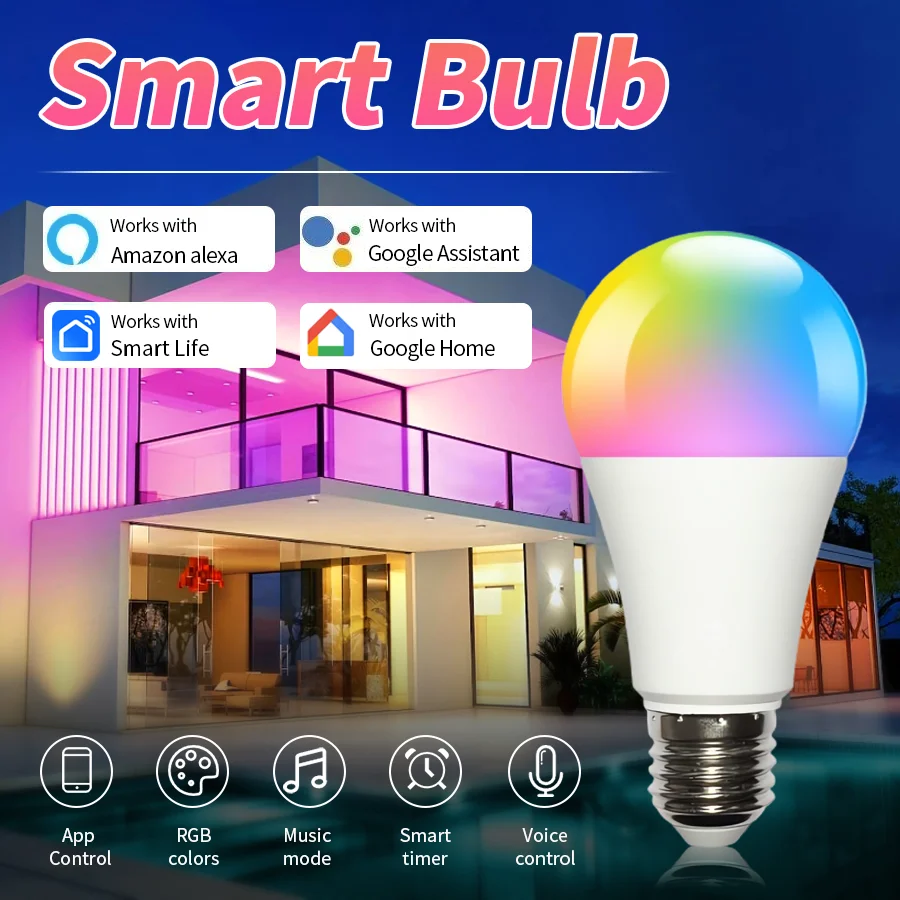 

Tuya Smart Wifi LED Light Bulbs 60-260V E27 Alexa LED Lamp RGB APP Control Changeable Colorful RGB LED Lamp Smart Life