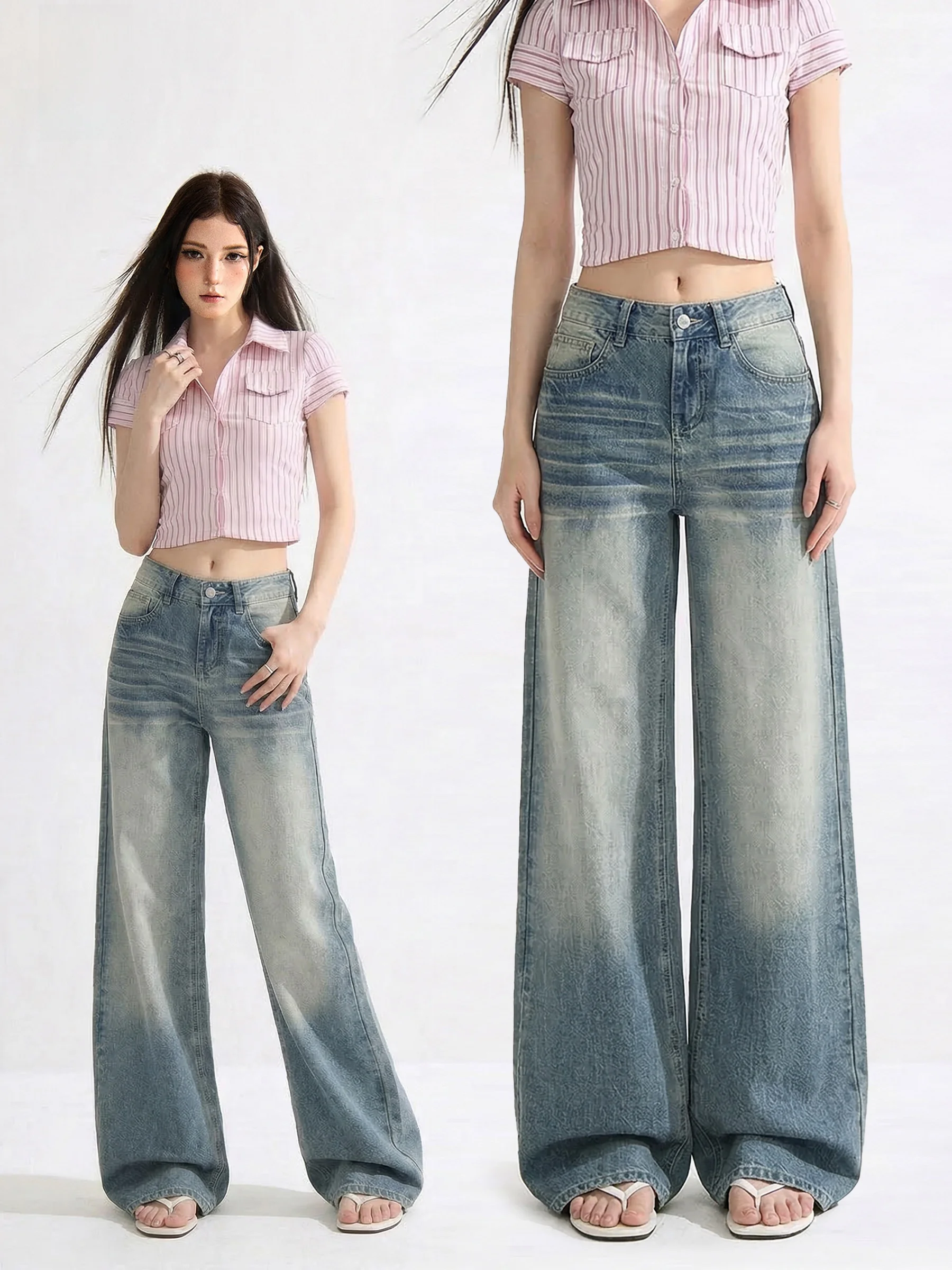 

Blue Wide Leg Denim Jeans Women's Spring American Waed Straight Loose Casual Floor-Length Pants Casual Sle l Waist