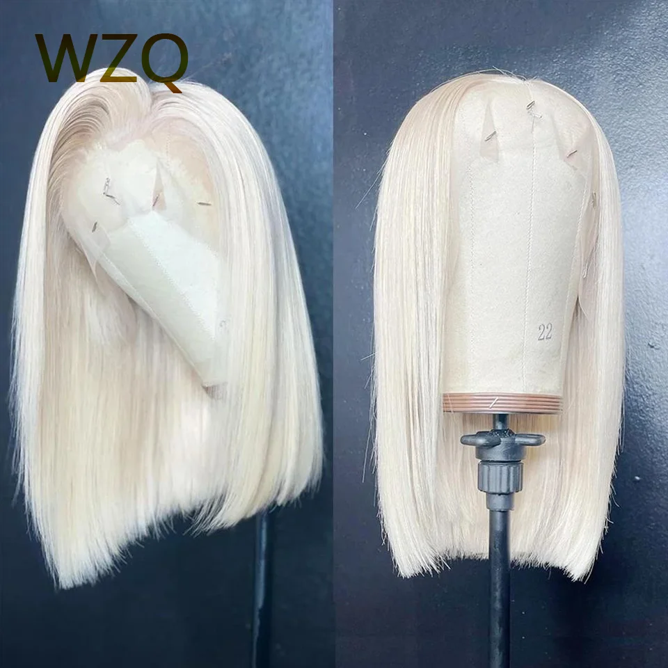 Peluca de cabello humano liso con encaje Frontal transparente, pelo corto Bob, color Platino, 60, blanco, Rubio, 13x4, HD, 180%