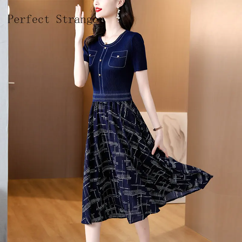 High Quality 2024 Vestidos Elegant Lady Slim Casual Floral Basic High Quality Short Sleeve Female Robe Women's Midi Dresses