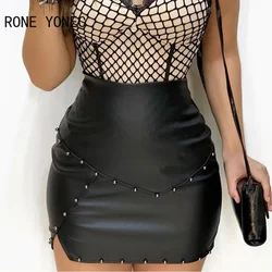 Women Chic Solid Rivet small silt PU leather Bright Line Decoration Bodycon Black skirts