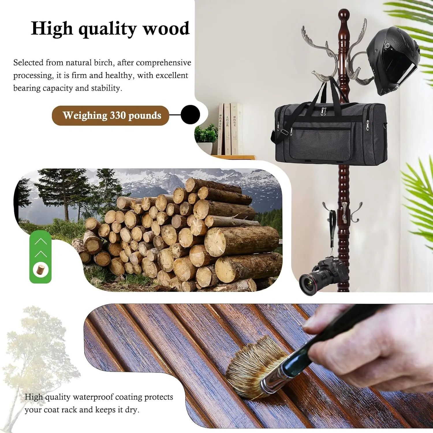 Solid Wood Coat Rack 14 Hooks, Heavy Duty Freestanding Round Base, Birch Entryway Bedroom Hallway, Metal Hook, Customized