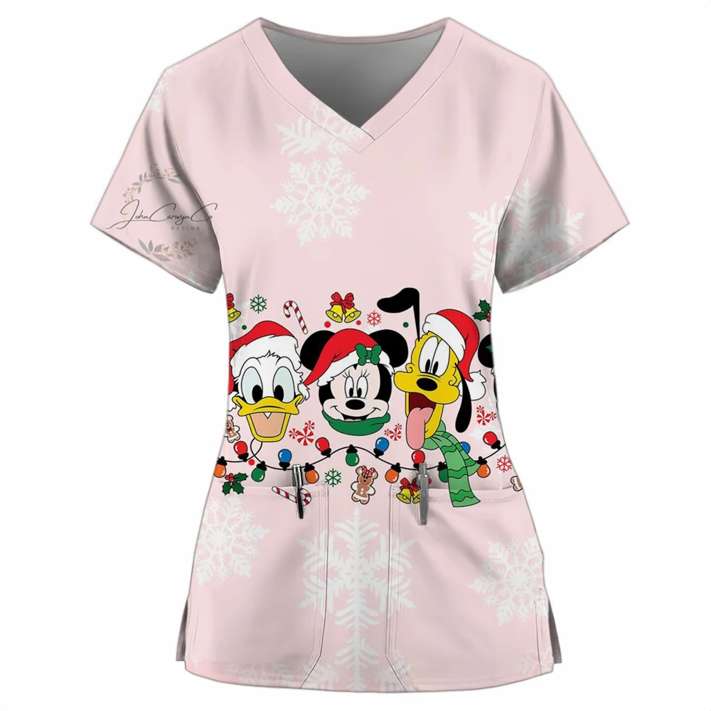 Nurse Uniform Women's Merry Christmas Disney Mickey Mouse Printed Short Sleeve V-neck Matte Work Clothes Medical Shirts Work Clo