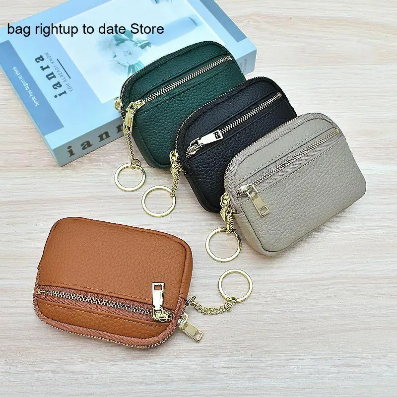 Soft Cowhide Double-Layer Zipper Casual Simple Commuting Pure Color Leather Coin Short Mini Change Bag for Women
