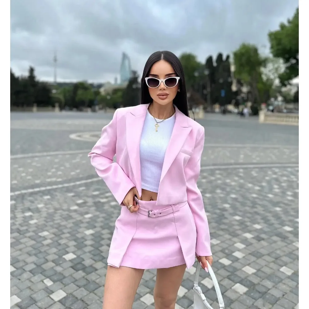 2024 Office Lady Solid Blazer Gonna Abito Moda Manica lunga Giacca corta + Mini gonne con cerniera con cintura Abito casual da donna