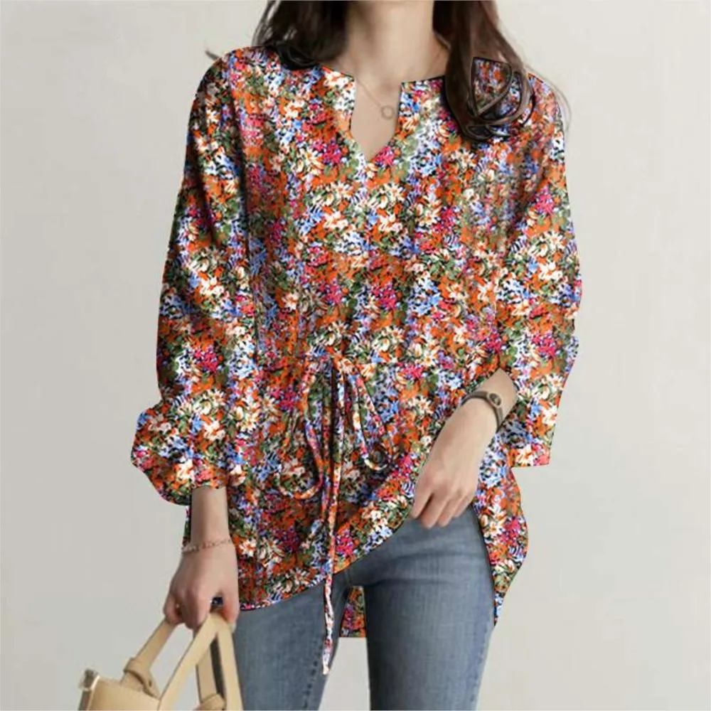 

Fashionable Flared Sleeve Shirt 2024 Casual Vacation Top Autumn Fashion Long Sleeved V-neck Floral Print Drawstring Loose Blouse