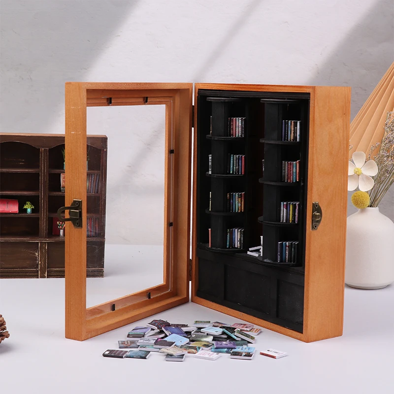 Relief Anxiety Bookshelf Miniature Wooden Bookshelf Ornament With 200Pcs Mini Books Shake Away Your Anxiety Creative Gifts