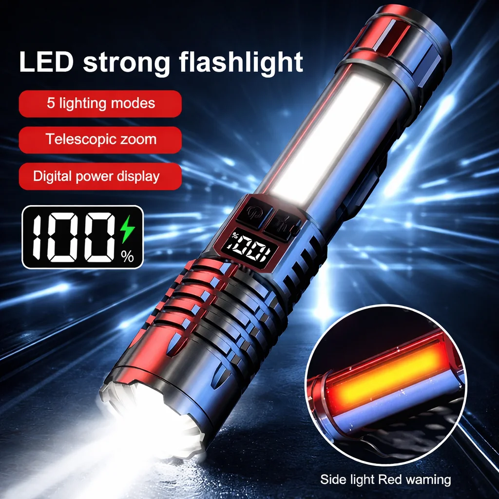High Power LED Flashlight Type-C Rechargeable Waterproof Torch with COB Side Light Zoom Portable Camping Hiking Lamp