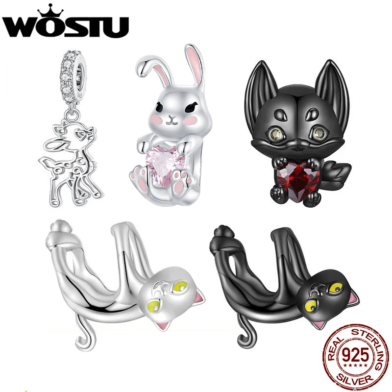 WOSTU 925 Sterling Silver Fire Opal Chick Beads Black Gold Fox Cat Animal Charms Fit Bracelet DIY Necklace Jewelry Making Gift