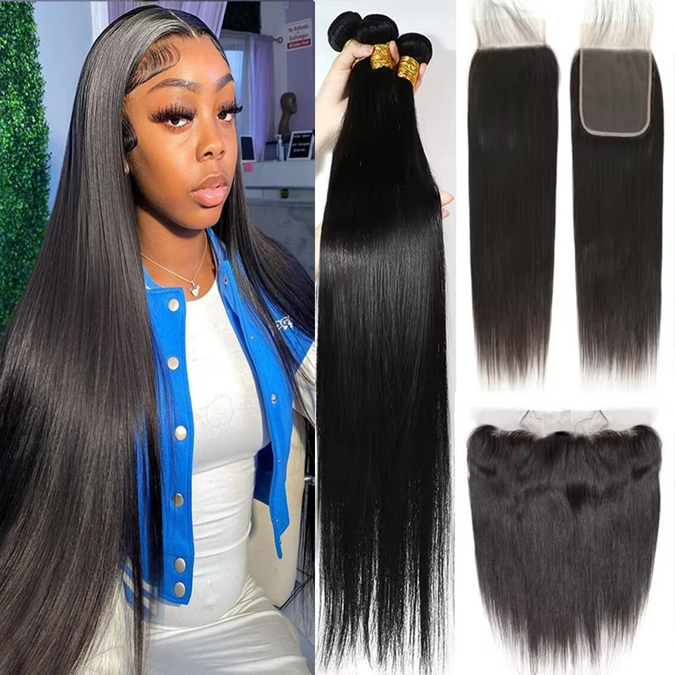 Straight Weaving Human Hair Extensions Bundles 28 30 32 Inch With 13x4 Lace Frontal Brazilian Human Weaves Hair Closure 4x4 5x5