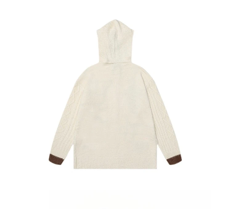 2025 Spring and Autumn New American Retro Style Men's Cartoon Letter Print Black and Apricot Hooded Knitted Cardigan Sweater