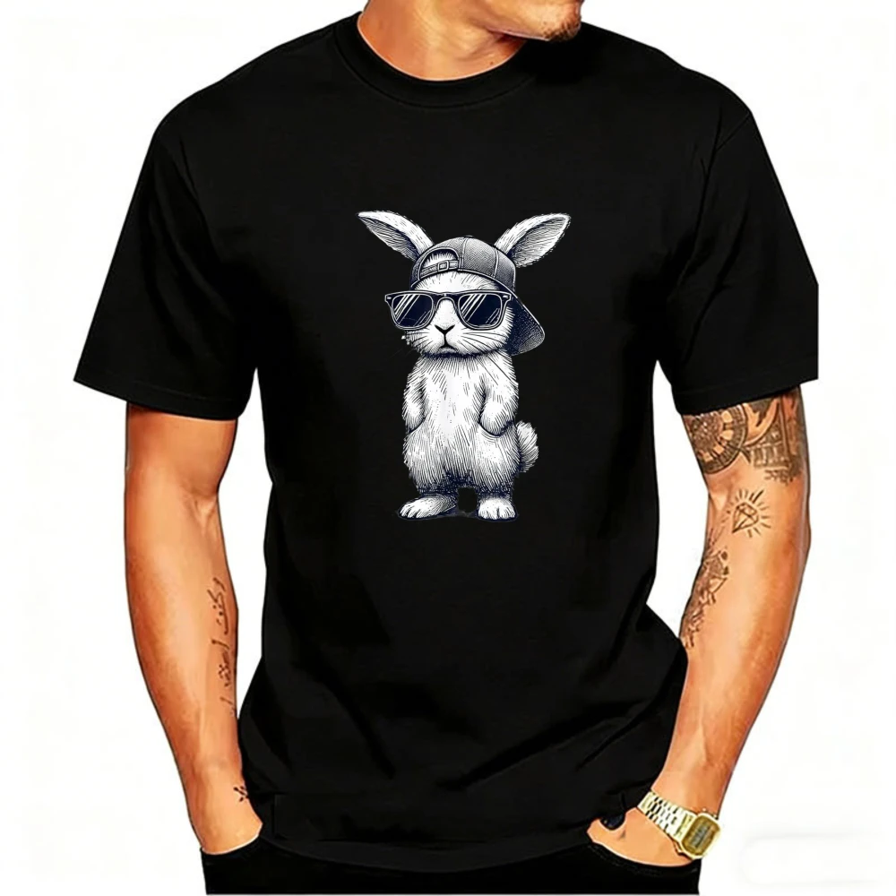 

Easter Men's Cool Bunny with Baseball Cap & Sunglasses Cotton T-Shirt Hip Hop Style Rabbit Graphic, Short Sleeve Crewneck Tee