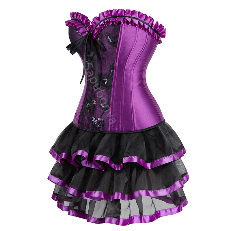 Sapubonva vestido corsé Sexy Burlesque gótico exótico Lencería corsés Overbust Bustier tutú falda fiesta victoriana púrpura Korse