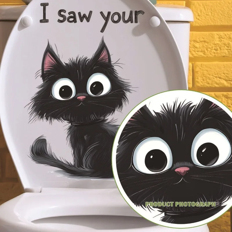 1pc New Cartoon Black Cat English Design Toilet Seat Sticker Self Adhesive Waterproof for Bathroom Restroom Upgrade