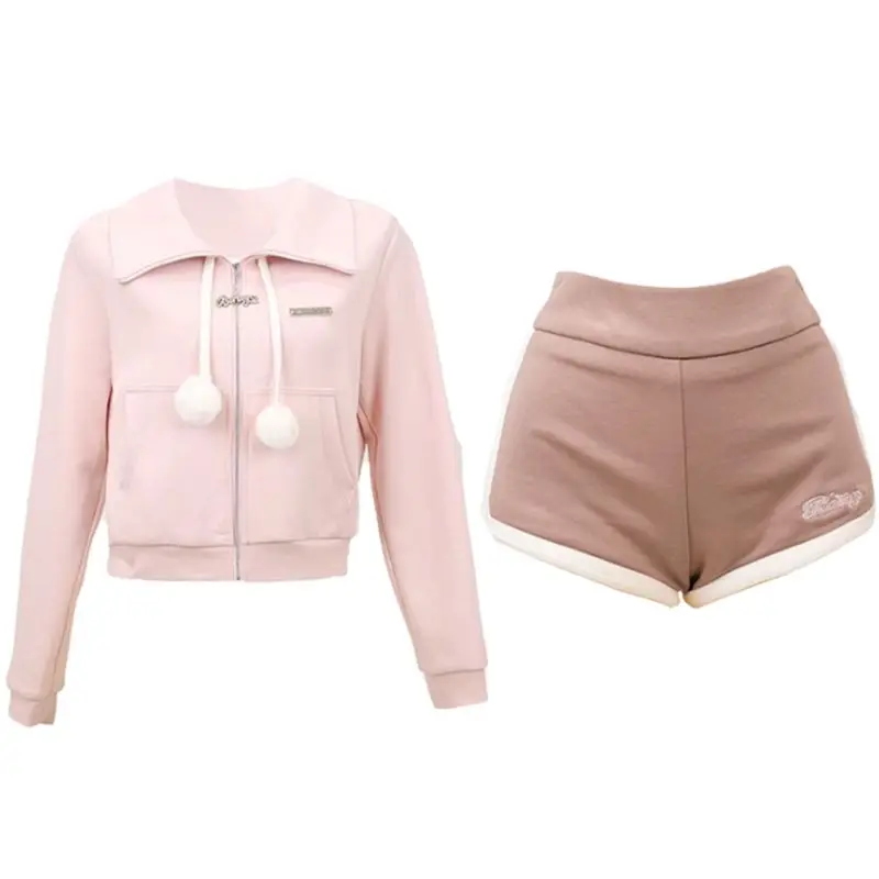 Girl Korean Fashion 2 Piece Pink Lapel Long Sleeves And Short Jacket Set Sweatshirt +Shorts Women Running Autumn Sports Suits