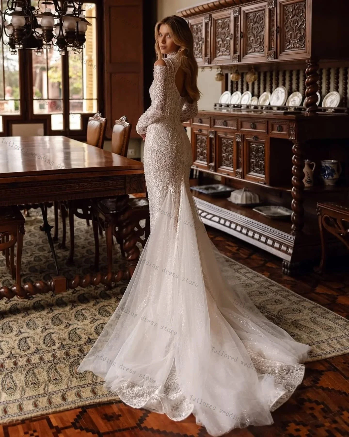 Luxury Crystals Stone Women Wedding Dresses Detachable Train Sexy Full Sleeves Bridal Evening Gown Customized Lace Up Back Robe