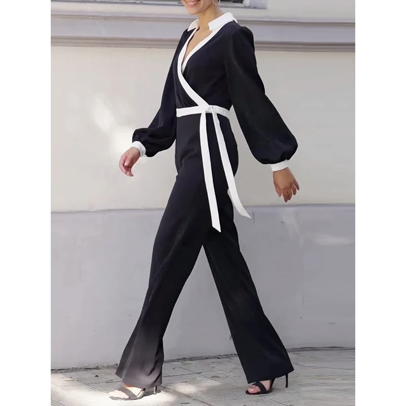 Tinaa Women Autumn Black Jumpsuits 2024 Fashion Long Sleeves Loose Contrast Color Tied Deep V-Neck Jumpsuits for Female