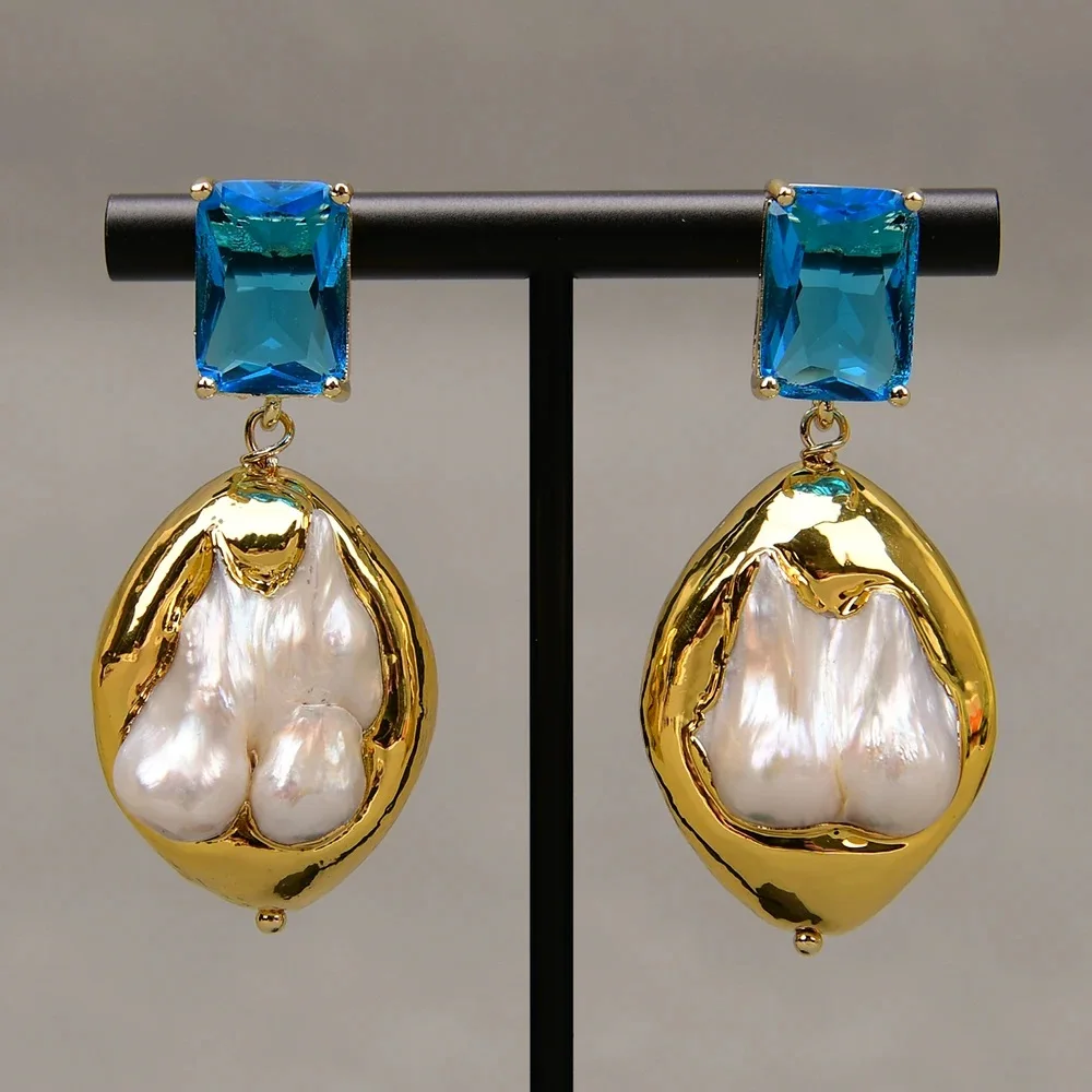 Gold Edge Plated Cultured White Baroque Pearl Mabe Pearl Blue Crystal Stud Dangle Earrings Handmade For Lady Jewelry