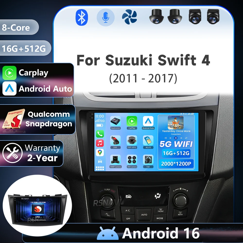 Qualcomm Android 16 For Suzuki Swift 4 2011 - 2017 Carplay Auto 2K Screen Car Radio Multimedia 24-hour shipping BT Plug and Play
