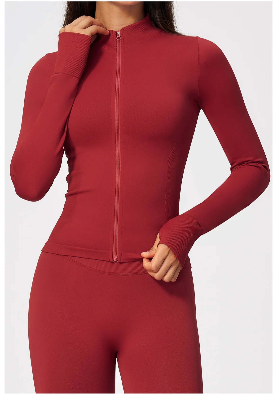 Women's Seamless Long Sleeve Yoga Top Ribbed High Neck Full Zip Slim Fit Sports Jacket Thumb Hole Workout Gym Running Activewear