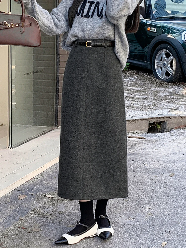 2025 겨울 롱 스커트 여성 빈티지 스트레이트 따뜻한 울 맥시 스커트 여성 벨트 하이 웨이스트 스플릿 오피스 스커트 블랙 그레이 퍼플