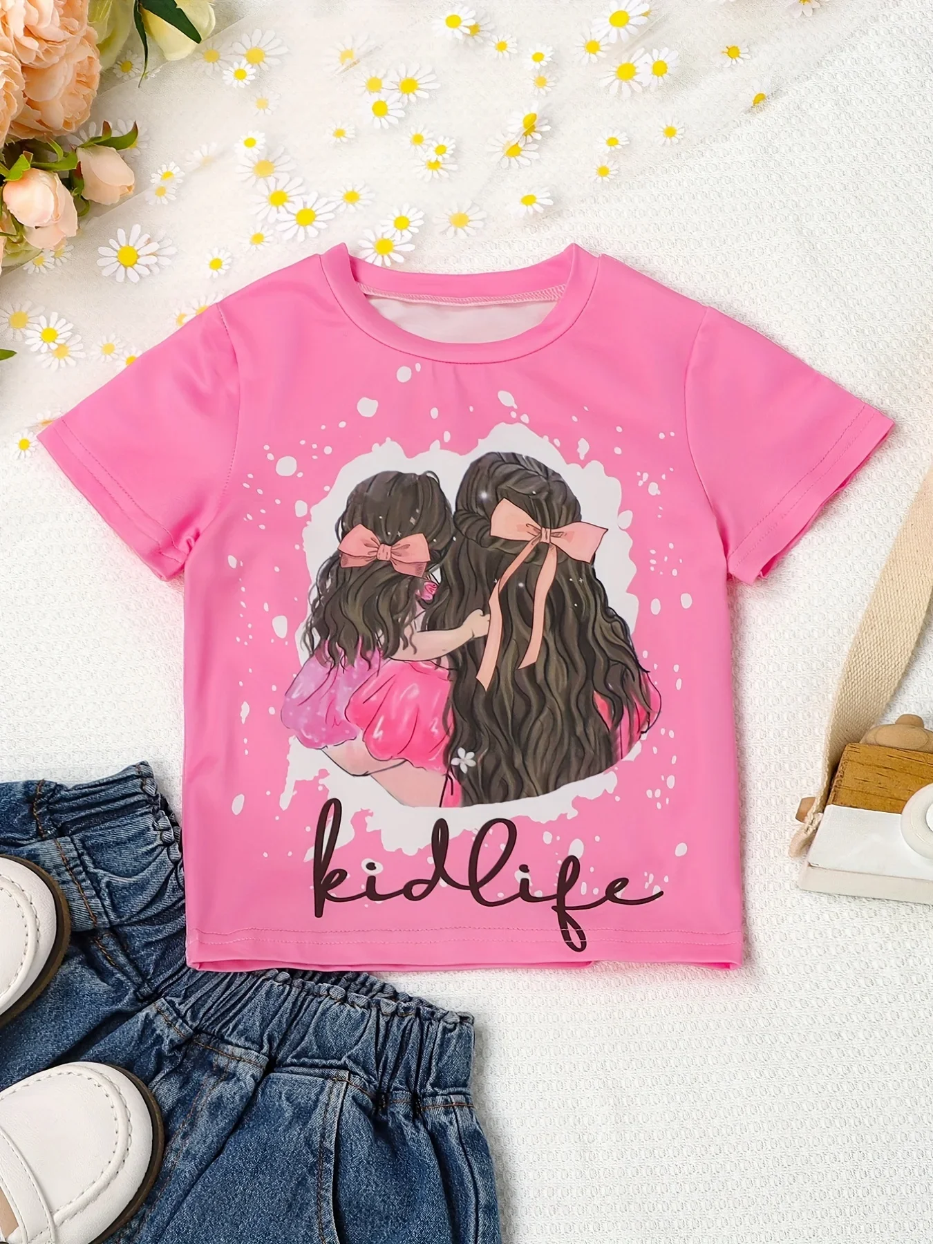 Summer Kids T-shirt Top Girl Back Graphic Print T-shirt Casual Crewneck T-shirt Top Comic Print T-shirt