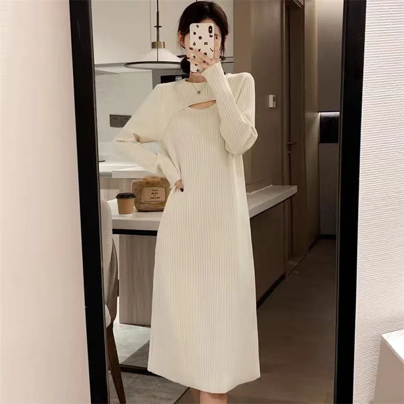 

Fall Winter Wool Knitted Dress Women's Half-high Neck Long Waist Sweater Skirt Loose Hollow Out Wool Over-the-knee Skirt CQ358