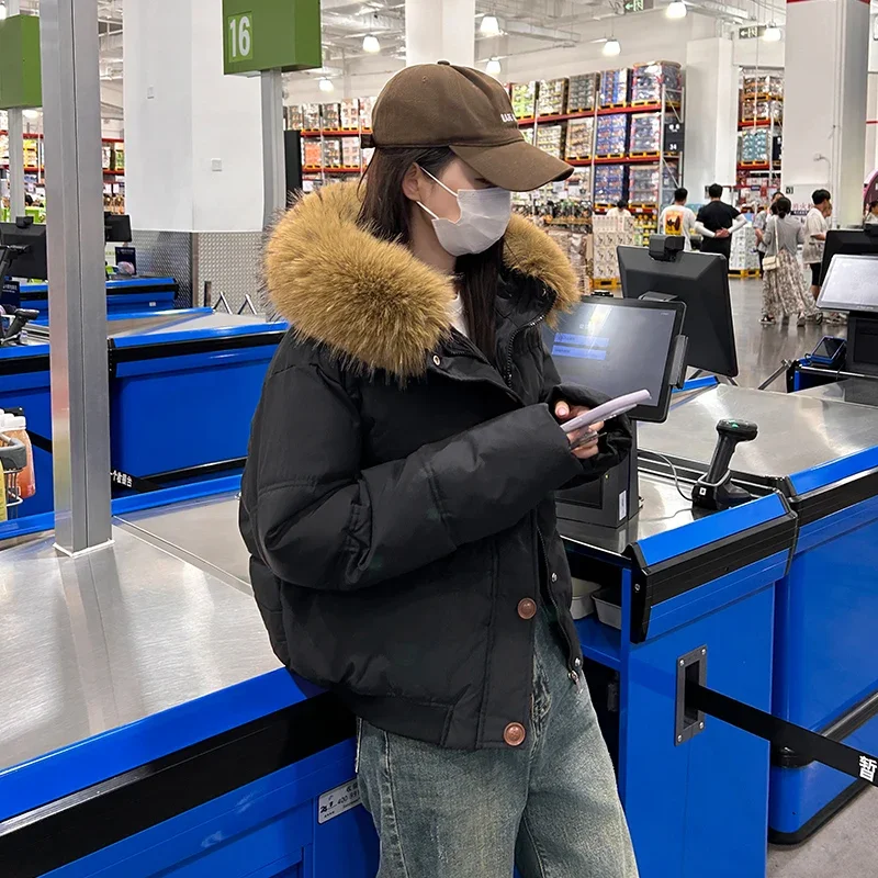 

Long Sleeve Single Breasted Short Warm Parkas Coat Korean Fashion Winter New Women Tops Parkas Fur Collar Splicing Hooded