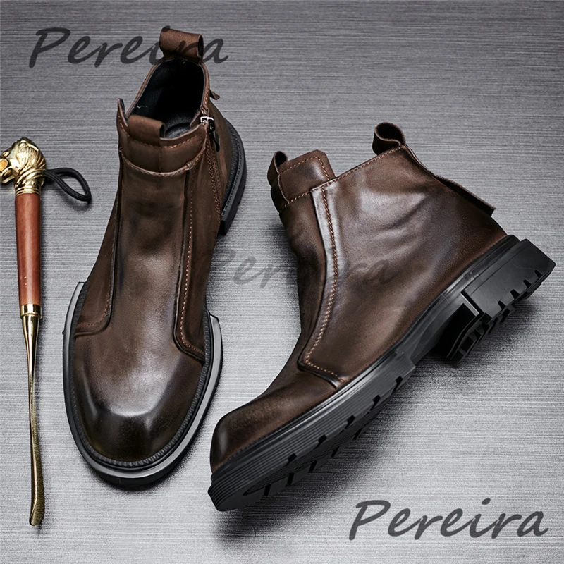 Autumn Winter Warm Thick Soled Chelsea Boots Retro Genuine Leather Side Zipper Short Boots British Style Men's High Top Shoes