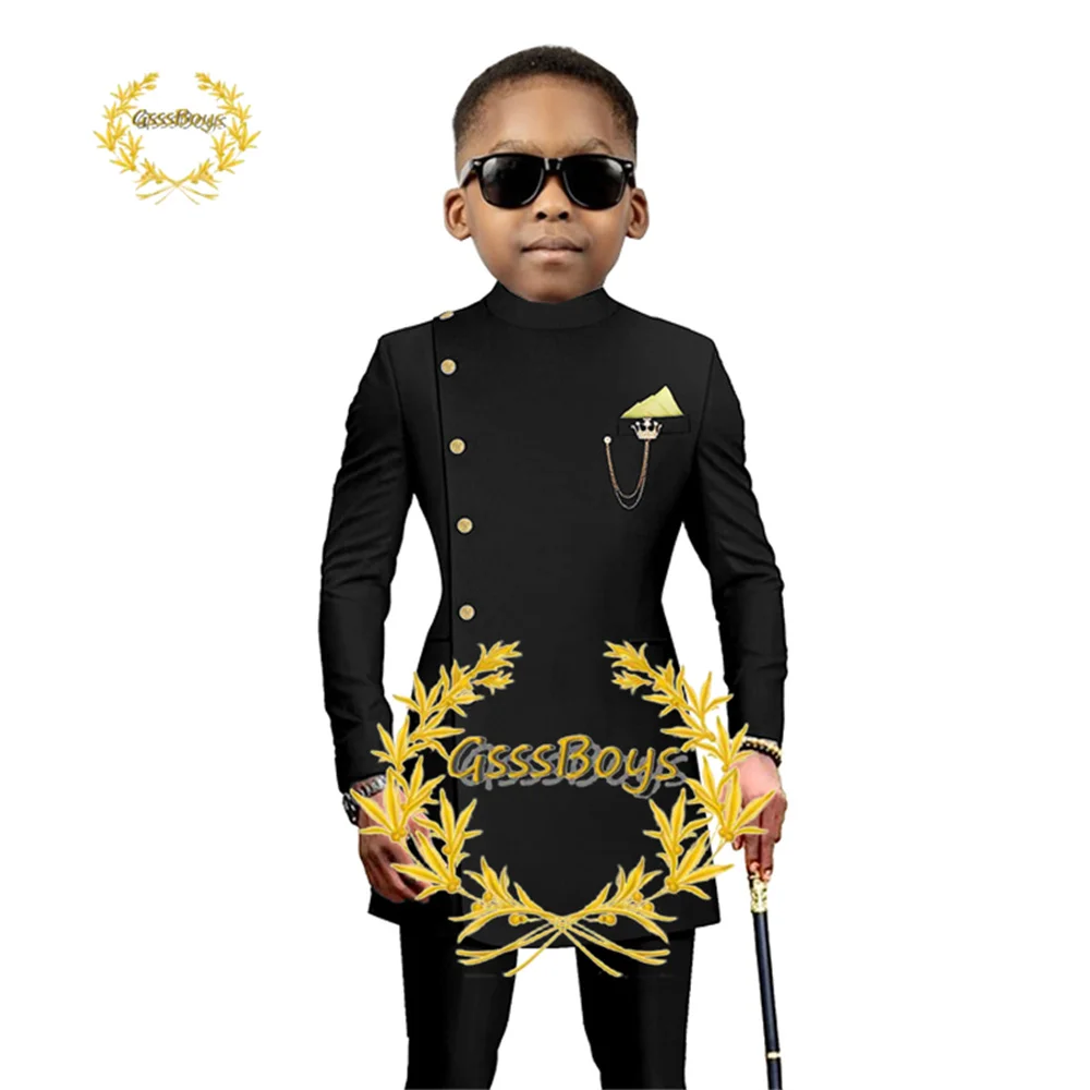 African Style Boys Suit Pants 2 Piece Set Single Breasted Long Blazer Wedding Tuxedo Formal Party Dress Kids