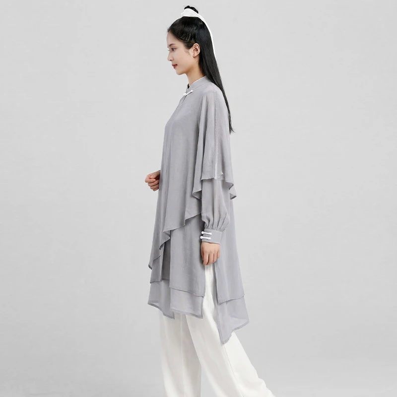 Spring Summer Tai Chi Suit Men Women Gray Gauze Linen Breathable Chinese Style Baduanjin Qigong Training Set Martial Arts