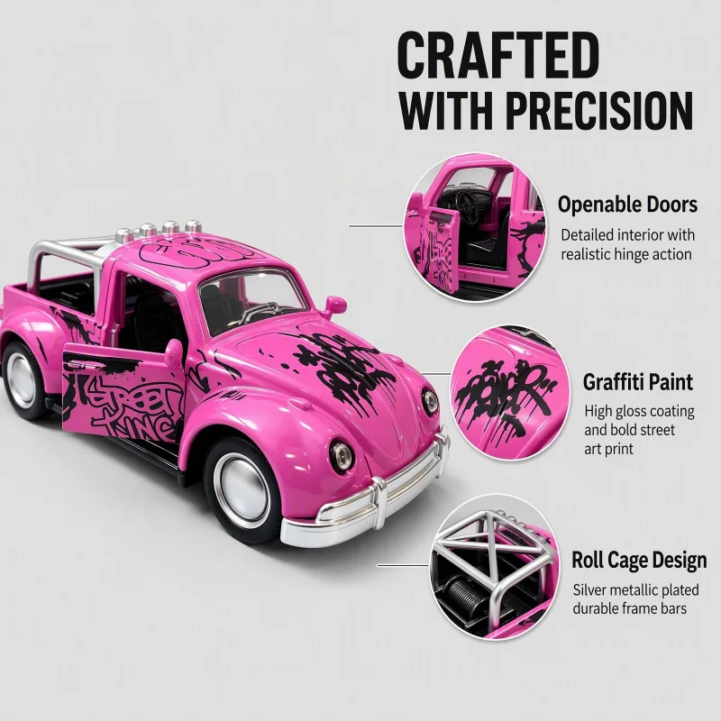 Vintage Streamline Cab Alloy Display Model, Graffiti Coating Open Doors Design Decorative Ornament