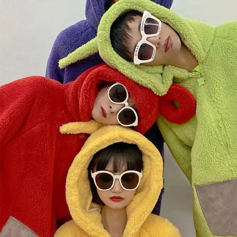 Kawaii Teletubbies Po Laa-Laa Dipsy Tinky Winky damskie Onesies zimowe dziewczyny śmieszne koralowe polarowe piżamy z kapturem ubrania domowe