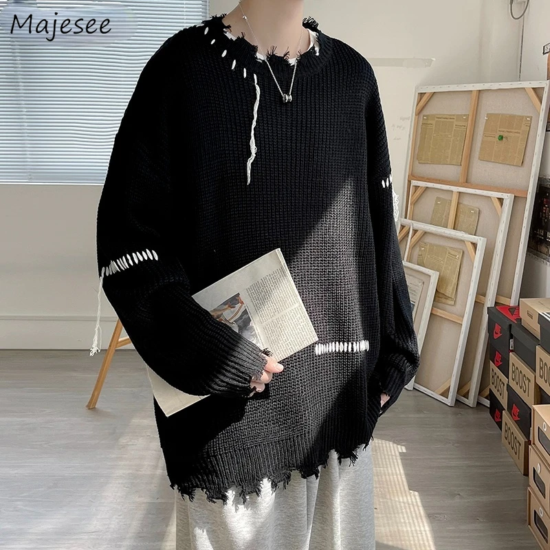 

Pullovers Men Ripped Trendy Irregular Sweater Autumn High Street Unisex Loose Knitting Print Leisure Chandails Harajuku Popular