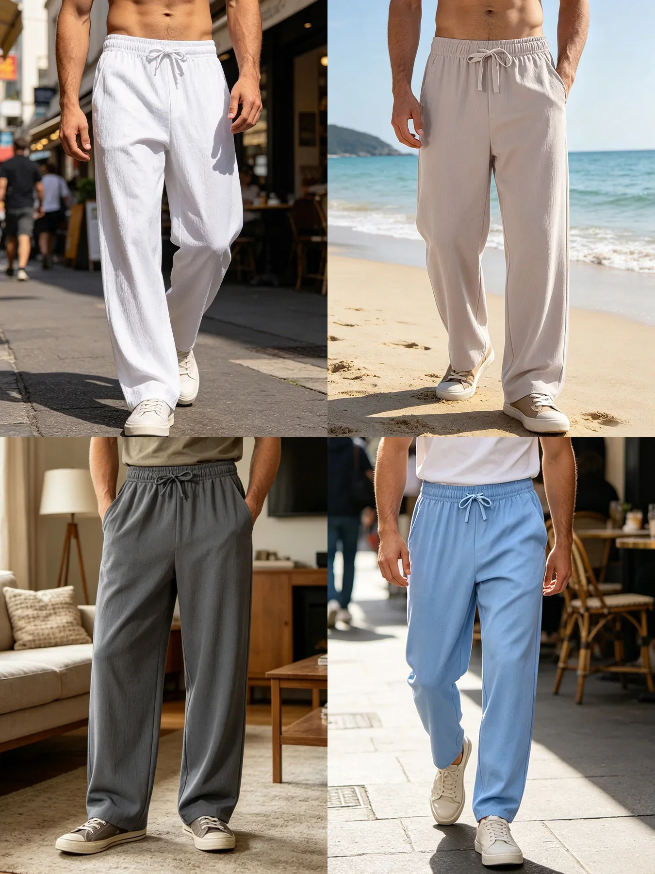 Men 3-Pack Crinkle Wide Leg Pants Relax Straight Fit Elastic Waist Drawstring Soft Breathable Casual Trousers Multi Color Pack