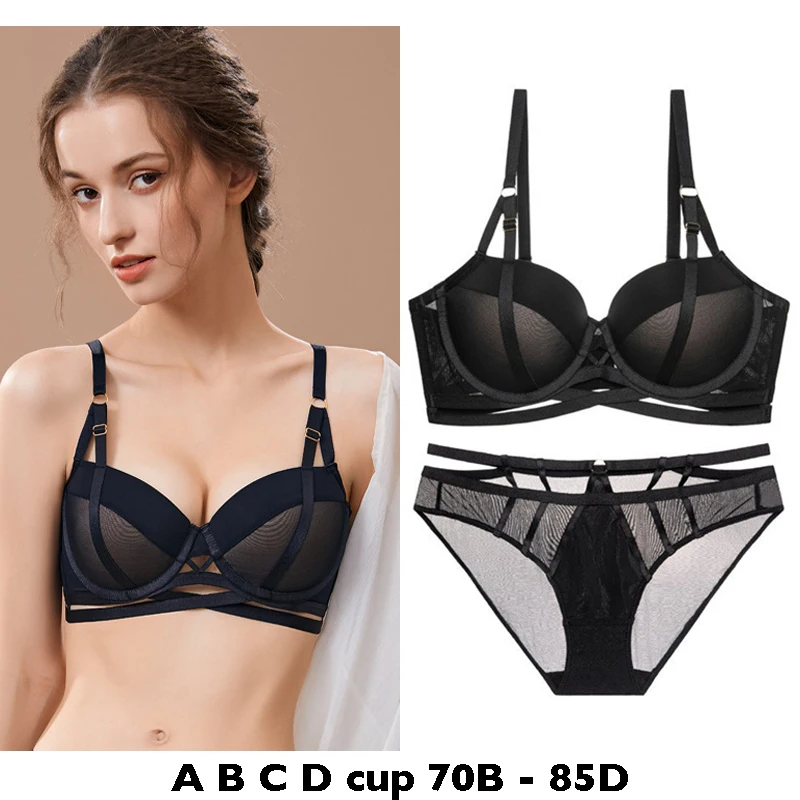 high quality sexy women bras and brief set push up mesh A B C D cup comfortable wire summer lingerie underwear black green white